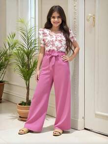 SHEIN Tween 女童无袖印花上衣和长裤两件套，休闲简约时尚，适合日常穿着 - 淺粉色 - 查看 4