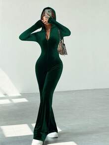 SHEIN EZwear 女式休闲简约深绿色天鹅绒连体裤，圣诞装 - 墨綠色 - 查看 4