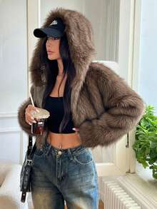SHEIN EZwear 女士秋冬棕色时尚蓬松连帽短款人造毛皮夹克 - 棕色 - 查看 4