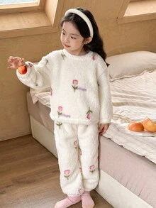 SHEIN 年轻女孩休闲碎花毛绒长袖上衣和裤子套装 - 白色 - 查看 7