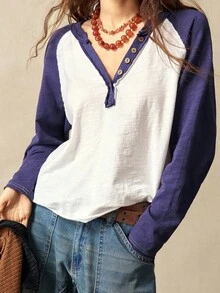 Bohemela Women's Casual Knit Color Block Half-Zip T-Shirt