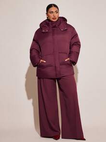 SHEIN BAE 冬季加大码纯色连帽前扣长袖棉服外套 - 紅木色 - 查看 2