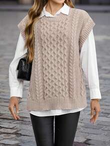 EMERY ROSE Chaleco de punto tejido de cable sin camisa - Marrón - Ver 1