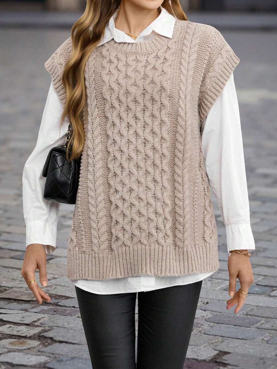 EMERY ROSE Chaleco de punto tejido de cable sin camisa - Marrón - Ver 1