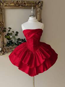 Lovelzi Vestido elegante y lujoso de falda de pastel de doble capa con cintura ceñida y sin tirantes de satén blanco, adecuado para despedida de soltera, boda, graduación, vacaciones, baile formal - Rojo - Ver 1