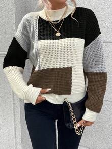 EMERY ROSE Casual Color Block Drop Shoulder Stand Collar Sweater, Autumn/Winter - Multicolor - View 6