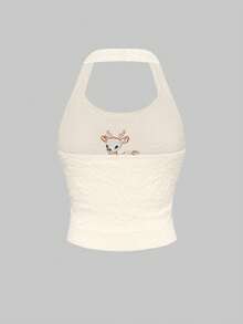 ROMWE Kawaii 2pcs Fall & Winter Outfits: Cute Deer Embroidered Fuzzy Halter Vest & Knit Sweater Set For Women - Beige - View 8
