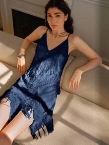 Uhlyne Váy xòe tua rua cổ chữ V viền bất đối xứng dây mảnh dành cho nữ - Màu xanh hải quân - Xem 6