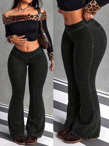 SHEIN EZwear 大码休闲水洗低腰喇叭牛仔裤 - 黑色 - 查看 5