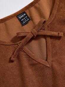 Women's Casual Solid Color Hollow Bow Decor Mid-Length Dress, Autumn Long Sleeve Brown Dress - Brown - View 4