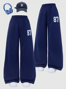 Pantalones deportivos sueltos con gráficos decorativos para adolescentes y niñas, de ajuste relajado para entrenamiento y uso casual, adecuados para otoño e invierno