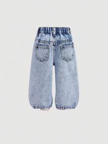SHEIN Quần jean ống rộng màu xanh dương họa tiết hươu hoạt hình dễ thương cho bé gái, thích hợp cho mùa thu, mùa đông, phong cách thường ngày và thời trang cho kỳ nghỉ, kiểu dáng thập niên 2000, quần jean Halloween, Giáng sinh, họa tiết nơ. - Rửa nhẹ - Xem 6