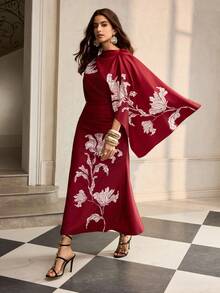 ZEYLAH Printed Short Sleeve One-Shoulder Elegant Dress - Red - View 1