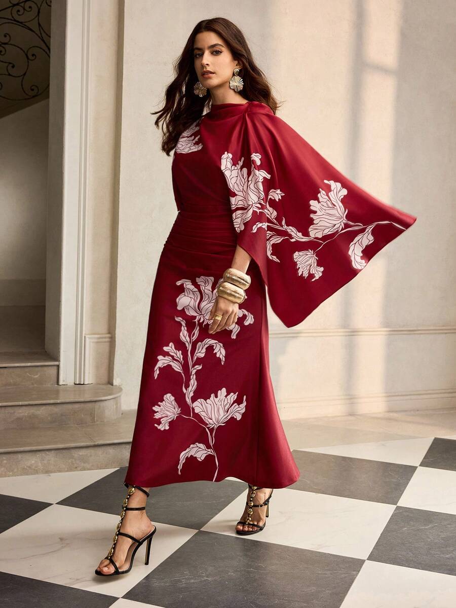 ZEYLAH Printed Short Sleeve One-Shoulder Elegant Dress - Red - View 1