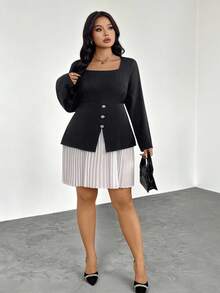 Firerie Plus Size Women's Square Neck Long Sleeve Button Design Pleated Hem Fashion Dress - Black and White - View 5