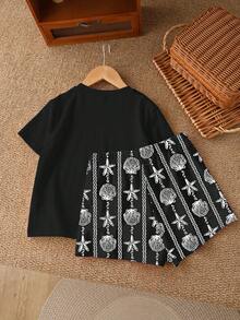 Bộ 2 món áo thun cổ tròn tay ngắn và quần short rộng rãi cho bé gái tuổi teen, họa tiết sọc xanh hình vỏ sò và sao biển, thích hợp cho kỳ nghỉ biển mùa xuân/hè - Nhiều màu - Xem 2