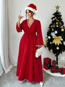 SHEIN Elenzya Christmas Plus Size Beaded Decor Elegant Party Dress - Red - View 1