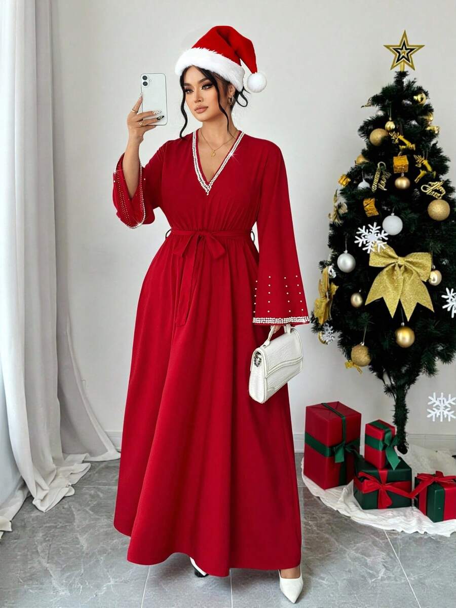 SHEIN Elenzya Christmas Plus Size Beaded Decor Elegant Party Dress - Red - View 1