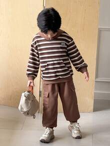 SHEIN Young Boys' Casual Khaki Striped Hoodie Sweatshirt And Drawstring Jogger Pants Set - Multicolor - View 3