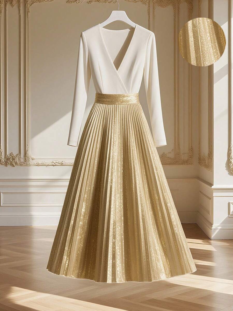 Franclia Elegantes Damenkleid für Herbst- und Winterpartys: V-Ausschnitt, lange Ärmel, tailliert, mit Metallic-Einsätzen, Falten und glänzendem Finish. Auch als Winterkleid geeignet. Dieses elegante weiße Partykleid ist perfekt für Damen. - Verschiedenfarbig - Übersicht 1