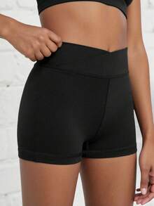 Shorts skinny esportivos para meninas adolescentes, cor sólida, liso, com cós elástico, tecido elástico alto e quatro direções, adequado para ciclismo, corrida e treinamento