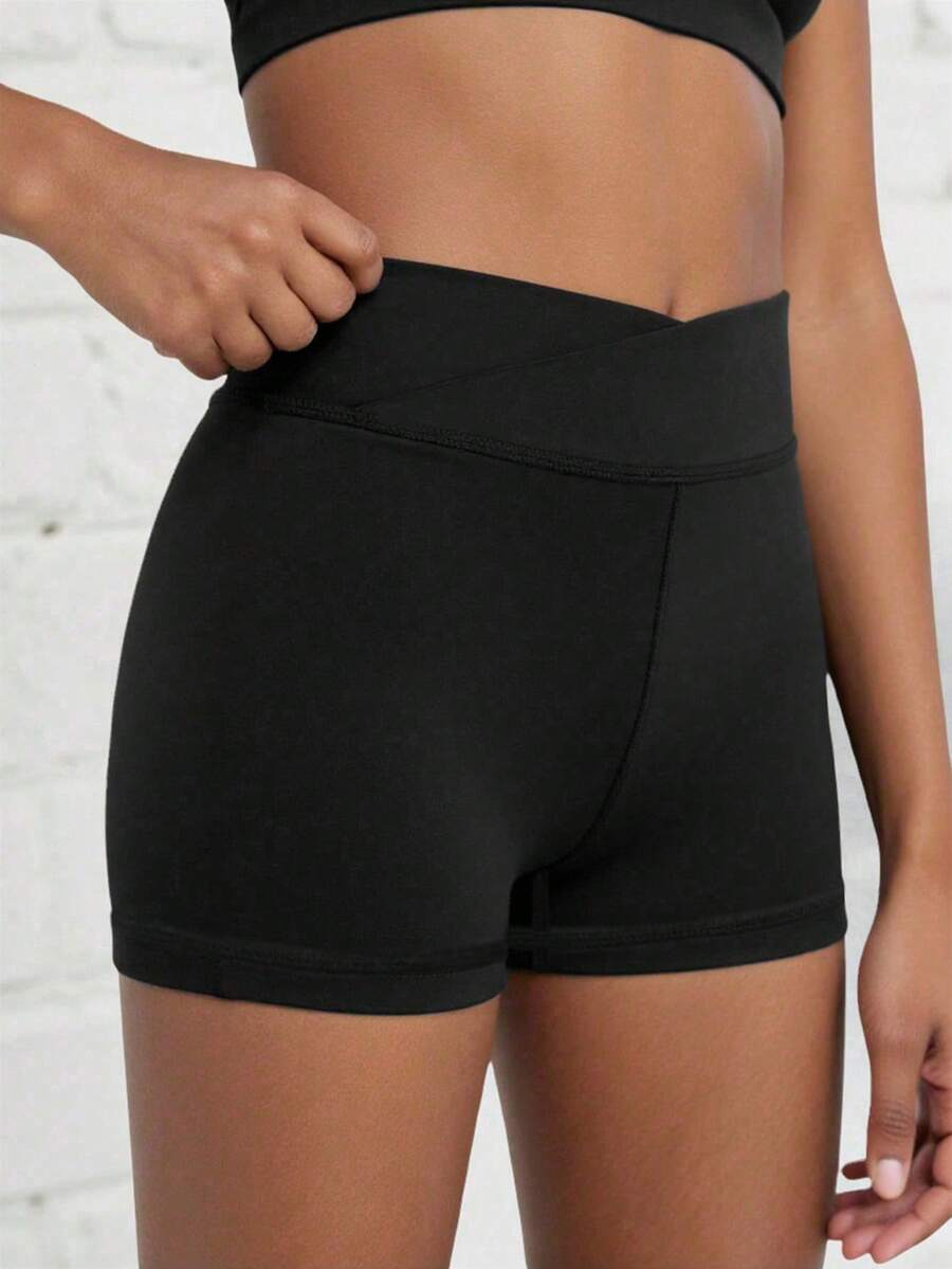 Shorts skinny esportivos para meninas adolescentes, cor sólida, liso, com cós elástico, tecido elástico alto e quatro direções, adequado para ciclismo, corrida e treinamento