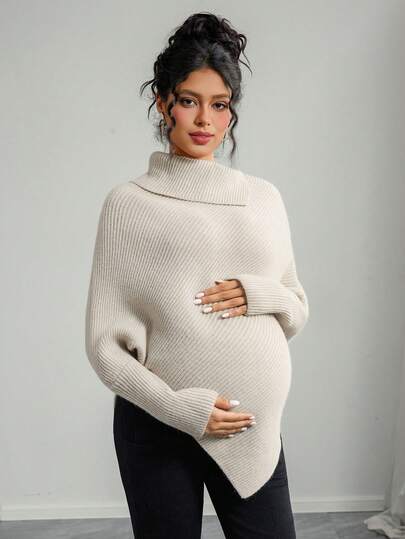 Momance Maternity Fashionable Solid Color Batwing Sleeve Asymmetric Hem Sweater, Autumn/Winter