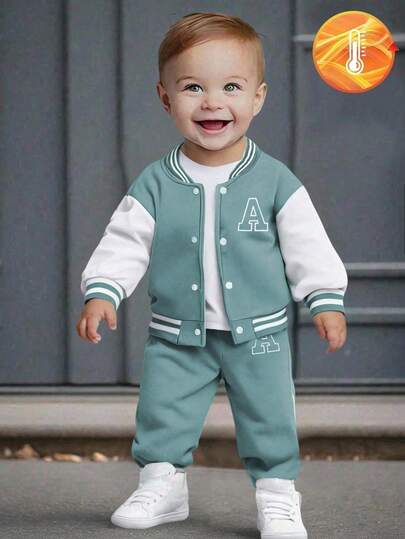 SHEIN Infant/Toddler Boys' Zip-Up Baseball Jacket With Letter Print & Letter Print Pants Without Belt Loops, A Comfortable Set Suitable For Autumn, Spring And Winter Wear. This Set Is Not Only Suitable For Outings But Also For Staying At Home. The Plush Fabric Design Keeps Infants Warm. This Set Is Versatile And Durable, Suitable For Various Occasions In Infants' Daily Life. Keeping Infant Boys Fashionable And Comfortable In Autumn, Spring And Winter.