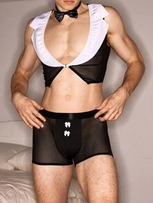 DrisQ Disfraz sexy de camarero de club nocturno para Halloween, uniforme de juego de roles para fiesta de carnaval (Pajarita + Parte superior + Pantalones cortos) para hombres