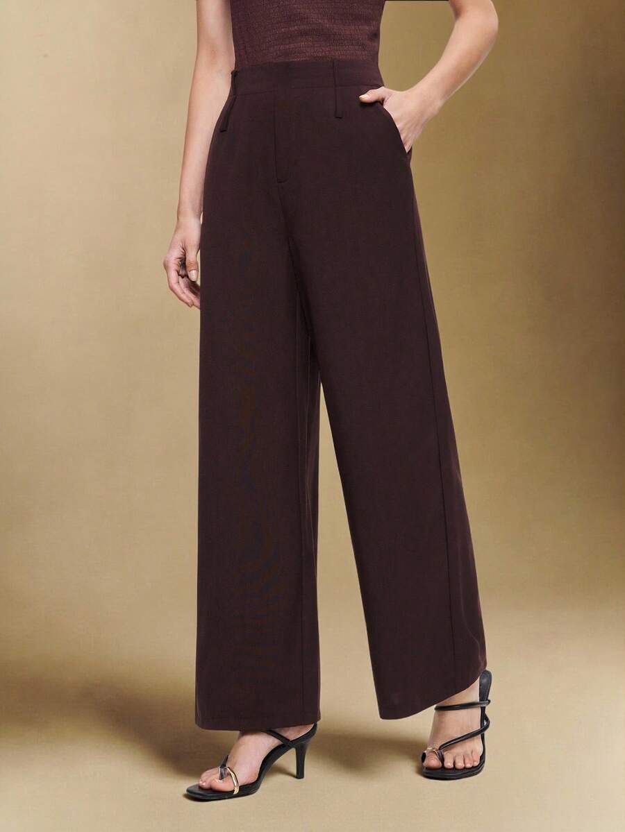 BizChic 2025 Autumn/Winter New Burgundy Side Pocket Straight Leg Pants, Elegant & Romantic Office/Business Casual Trousers, Suitable For Weddings, Parties, Performances, Daily Wear, Halloween, Christmas, National Day, New Year - Coffee Brown - View 1