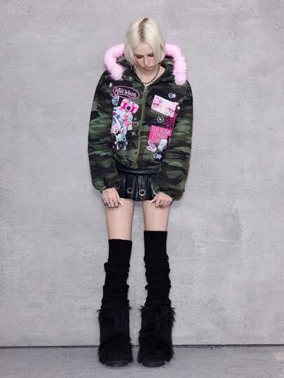 ROMWE Avant Manteau rembourré en patchwork de polaire avec motif blocs de couleurs, camouflage et esthétique grunge rétro Y2K pour femmes