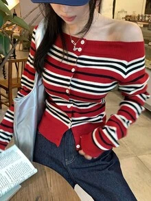 DAZY Women's Striped Contrast Color Casual Long Sleeve Off Shoulder Sweater Fall,Winter - Burgundy - View 7