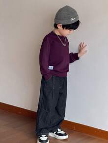 SHEIN Little Byeori Young Boys Casual Crew Neck Pullover Sweatshirt - Purple - View 4