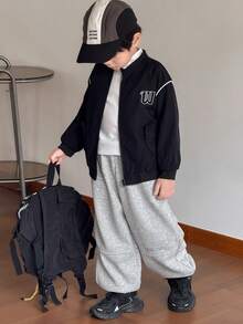 SHEIN Little Byeori Young Boy Casual Letter Embroidered Front Zip Baseball Jacket - Black - View 4