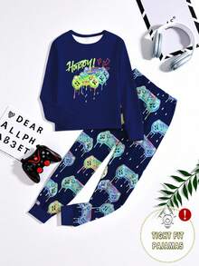 1set Teen Boys Snug Fit Pajamas, Video Game Controller Print Round Neck Long Sleeve Top And Long Pants, Spring/Autumn Sleepwear Set, Christmas Holiday Gift - Blue - View 3