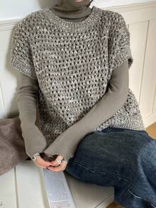 DAZY 女士宽松商务休闲优雅圆领针织毛衣背心两件套，秋冬 - 軍綠色 - 查看 6