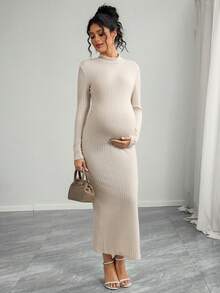 SHEIN 立领侧开衩孕妇长裙，修身 - 杏色 - 查看 3