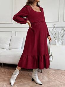 SHEIN Maternity Casual Solid Color Nursing Dress, Autumn Fall - Burgundy - View 7