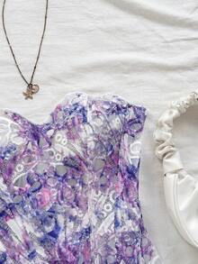 Soleia 性感露肩蕾丝双层合身束腰上衣，花卉刺绣镂空浪漫甜美粉色上衣，女士夜店装