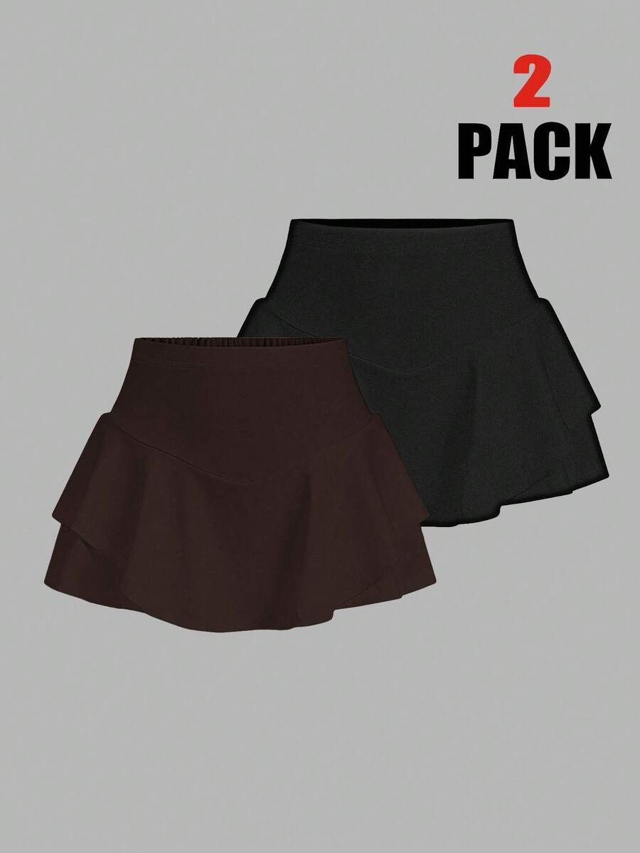 SHEIN EZwear 2pcs/Set Women Knitted Shorts, Brown And Black - Brown - View 1