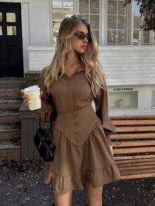 Elyressa Robe courte élégante à col volant de couleur unie