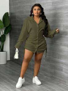 Slaydiva 新款优雅性感日常约会长袖翻领抽绳聚拢衬衫裙两边迷你超短裙白色女装迷你连衣裙-Z - 軍綠色 - 查看 6