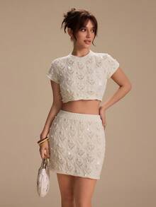 SHEIN Unity 2pcs/Set Women's Apricot Knit Short Sleeve Top And Mini Skirt Set, Beach Summer Outfits - Apricot - View 3