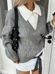 Livesso Maglione oversize da donna casual e business, con blocchi di colore e texture a patchwork, adatto per l'autunno e l'inverno - Grigio - Visualizzare 5