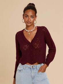 Travachic Women's Solid Color Long Sleeve Hollow Out Single Breasted Casual Knit Cardigan,Fall Women Clothes,Autumn Clothes,All White Cardigan ,Fall Outfits Women,Fall Outfits,Long Sleeve Cardigan, Commute, Minimalist, Old Money, Simple,Can Be Worn Over A T-Shirt, Oversized Cute Cardigan Sweater, Super Warm And Soft!,Long Sleeve Tops