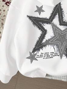 SHEIN Leap Crew Felpa con cappuccio casual e minimalista, con stampa a pentagramma personalizzata, vestibilità morbida e comoda, colore bianco, stile urban, punk, adatta per autunno/inverno, per ragazze adolescenti