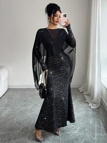 Rafferiza 优雅长款鱼尾下摆二合一AB拼接披肩针织网纱金箔针织面料秋冬黑色优雅女装优雅派对礼服女士优雅连衣裙闪亮亮片连衣裙女士亮片连衣裙时尚晚礼服黑色连衣裙女士优雅套装 - 黑色 - 查看 7