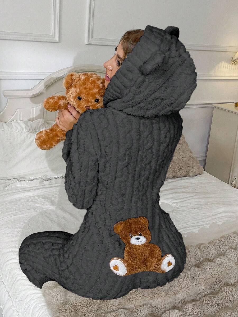 SHEIN Women's Animal Hooded Teddy Bear Embroidery Jacquard Plush Fluffy Pajamas Jumpsuit, Winter, Cozy - Grey - View 1
