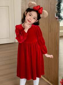 SHEIN Young Girls' Casual Round Neck Puff Sleeve Dress - Red - View 3