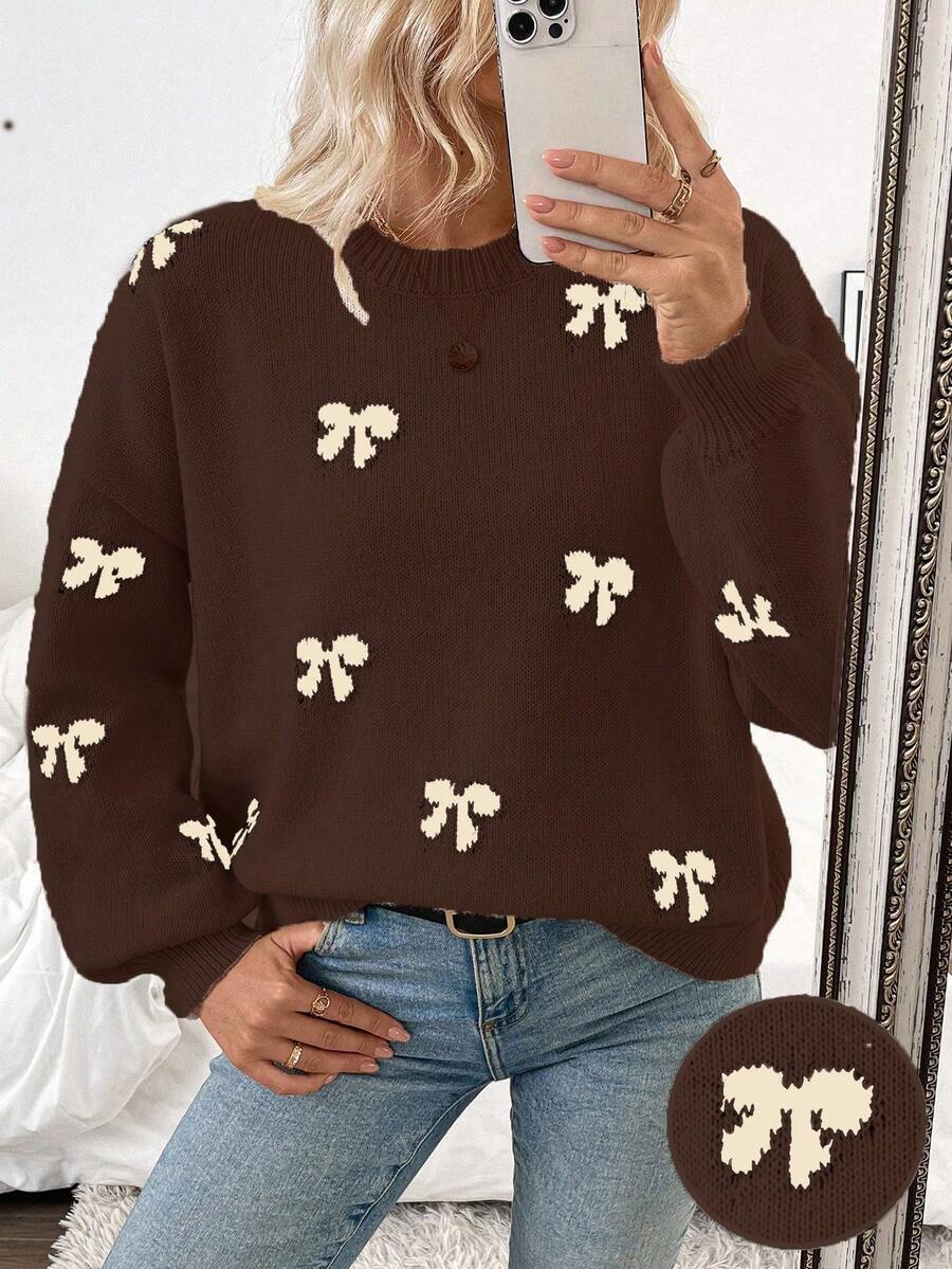 SHEIN LUNE 2024秋冬新款博主风可爱蝴蝶结设计休闲套头毛衣 - 彩色 - 查看 1